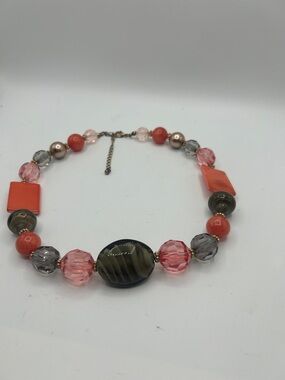 Vintage Pink, Coral and Gray Beaded Necklace